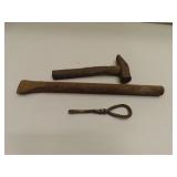 3 Primitive Hand Forged Tools - Hammer - Chisel -