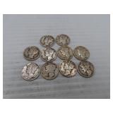 10 Silver Mercury Dimes = 1917 - 1941 - 1942 -