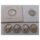 6 Silver Mercury Dimes = 1919 - 1936D - 1940D -