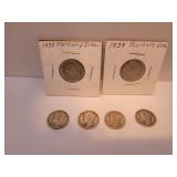 6 Silver Mercury Dimes = 1938-1939-1941-2/1942-