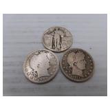 3 Silver Quarters = 1899 - 1911D Barber & 1930S