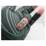 Ornate Coral - Turquoise & Silver Ring Signed =