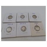 6 Silver Mercury Dimes - 3/1941 - 1941D -1942 D -