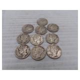 10 Silver Mercury Dimes = 1923 - 1926D - 1937 -