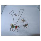 Colored Horse Necklace & Pierced Earrings Set