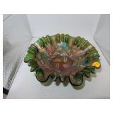 NICE Vintage Green Carnival Glass Bowl = Fenton