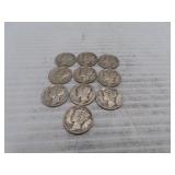 10 Silver Mercury Dimes = 1927 - 1934 - 1936D -