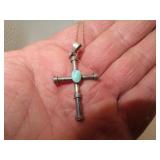 Sterling & Turquoise Cross Necklace - Signed =