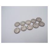 10 Silver Mercury Dimes - 1941 - 4/1942 - 3/1944 -