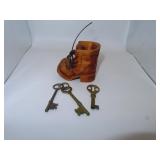 Vintage Carved Wood Shoe with 3 Old Keys