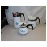 3 Corningware Cornflower Coffee & Tea Pots -