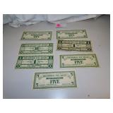 7 Vintage Educational Toy Money ($1 - $5 & $10