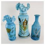 3 Blue Antique Bristol Glass Vases - Hand Painted
