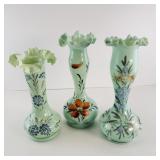 Lot of 3 Green Bristol Vases with Ruffled Tops