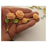 Signed Art Vintage Pink Rose Brooch & Earrings Set