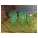 5 Vintage Etched Green Depression Glass Stems =