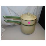Vintage Cream & Green Colored Enamelware Double