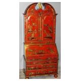 A FINE RED CHINOISERIE DECORATED CHIPPENDALE SECRE