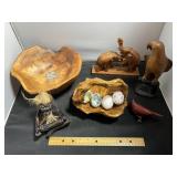 Wood Carved Figurines And Shell Bowl Lot