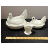 White Milk Glass Hen On Nest And Dishes Lot