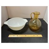 Mixing Bowl And Amber Glass Pitcher