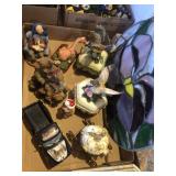 Misc Flat of Knick Knack Figures & Stained Glass