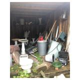 Contents of Shed - Milk Can, Birdbath, Garbage Can