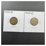 1933-d And 1924-d Wheat Cents