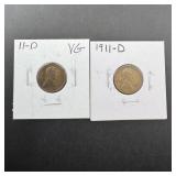Two 1911-d Wheat Cents