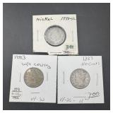 (3) No Cent 1883 Liberty Head V Nickels
