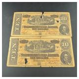 Two 1864 $10 Confederate States Of America Notes