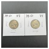Two 1939-d Jefferson Nickels