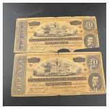 Two 1864 $20 Confederate States Of America Notes