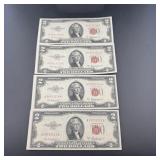 Four 1953-a $2 Red Seal Notes Consecutive