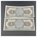 2 Vintage Mexican $1 Bills Consecutive Serials