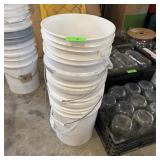 Five 5-gallon Buckets And Glass Half-gallon Jars