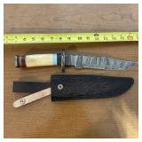 14" Bone Handle Damascus Bowie Knife, Leather Shea