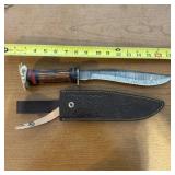 14" Bone Handle Damascus Bowie Knife, Leather Shea