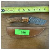 10" Damascus Hunting Knife With Leather Sheath