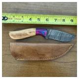 10" Damascus Hunting Knife With Leather Sheath