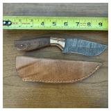10" Damascus Hunting Knife With Leather Sheath