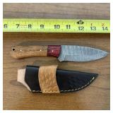 8" Damascus Hunting Knife With Leather Sheath