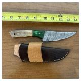 8" Damascus Hunting Knife With Leather Sheath