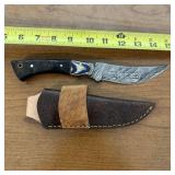 12" Damascus Hunting Knife With Leather Sheath