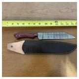 12" Damascus Hunting Knife With Leather Sheath