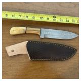 12" Bone Handle Damascus Hunting Knife, Leather Sh