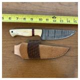 12" Bone Handle Damascus Hunting Knife, Leather Sh