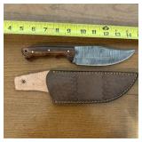 12" Damascus Hunting Knife With Leather Sheath