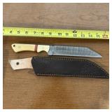 14" Bone Damascus Hunting Knife, Leather Sheath