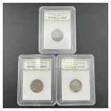 Three slabbed Buffalo Nickels, various dates